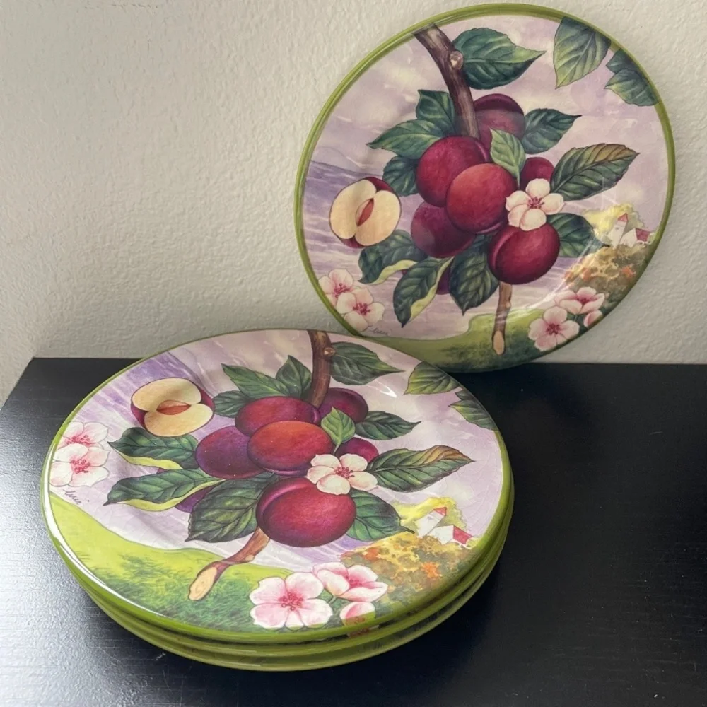 Set of 4 Villa d’Este Italy Plum Fruit Plates Floral Dessert Plates Vintage